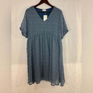 OURS Blue Textured Polka Dot Babydoll Dress L NWT